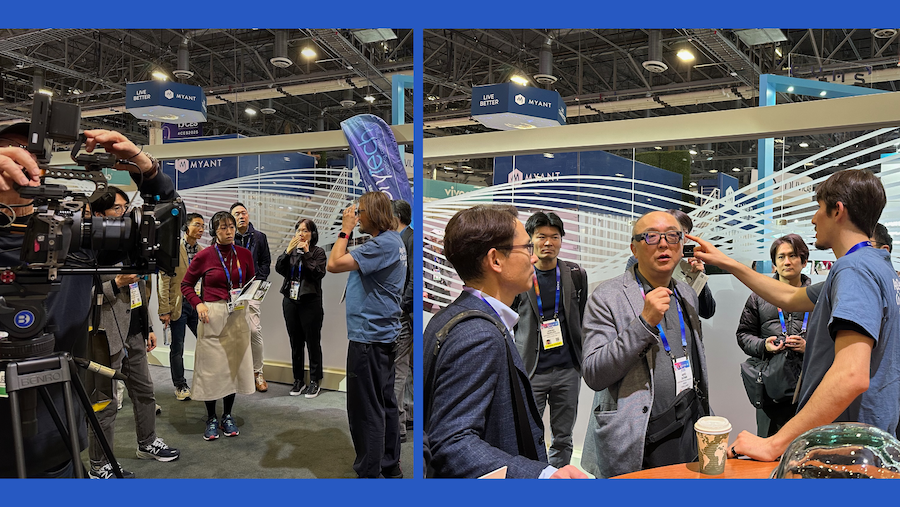 split screen showing two images of different men talking before crowds at an exhibit booth at a trade show
