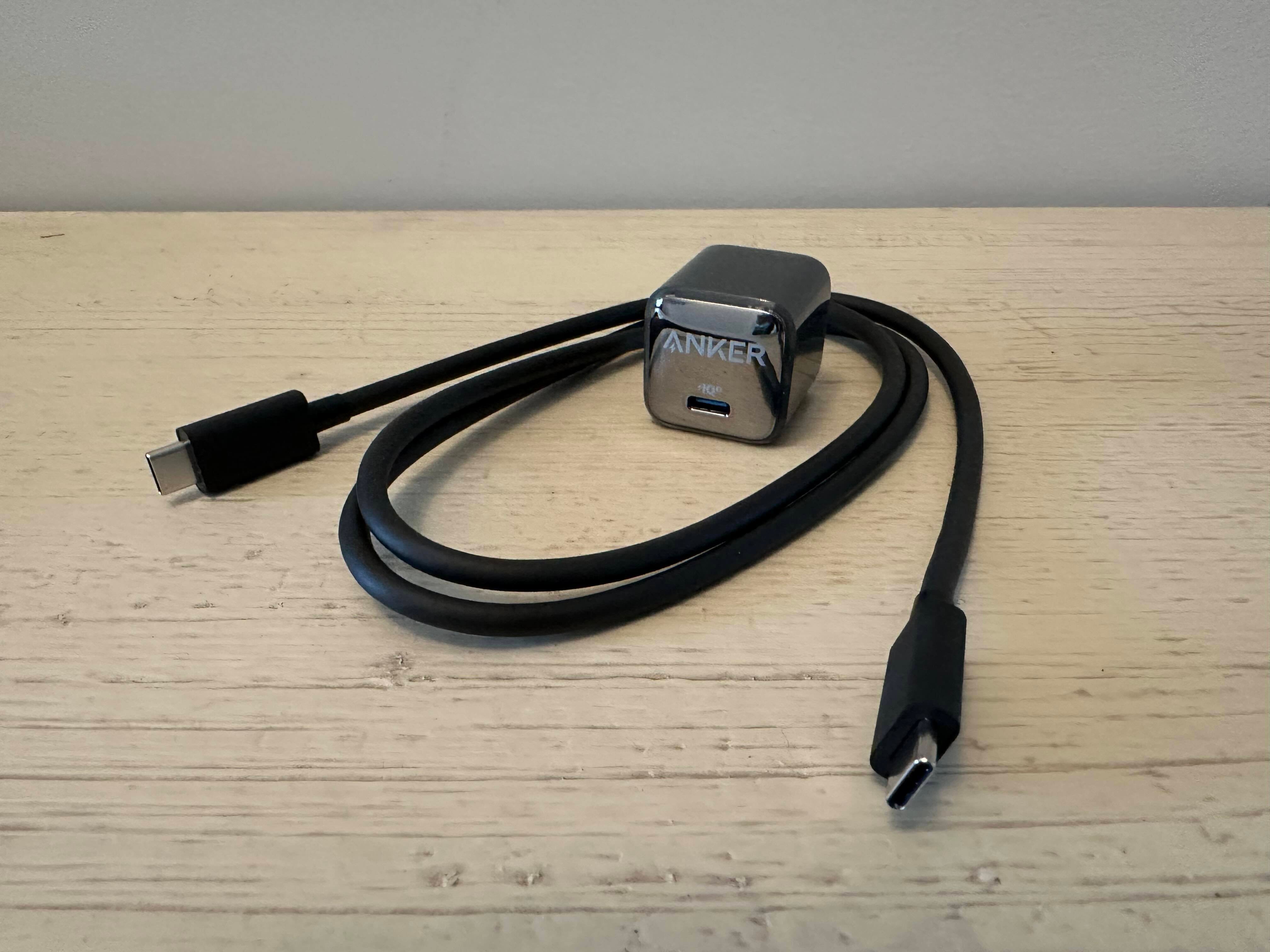 charging brick and cable on table
